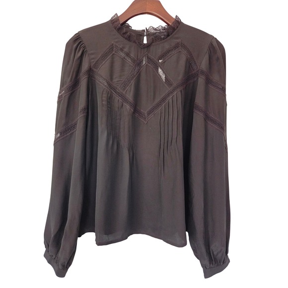 Madewell Tops - Madewell Lace Inset Mockneck Blouse Lace-Trim Women Small Brown NWT $128 NY351